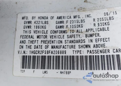 2015 Honda Accord Sport from USA, damaged, VIN 1HGCR2F59FA206889